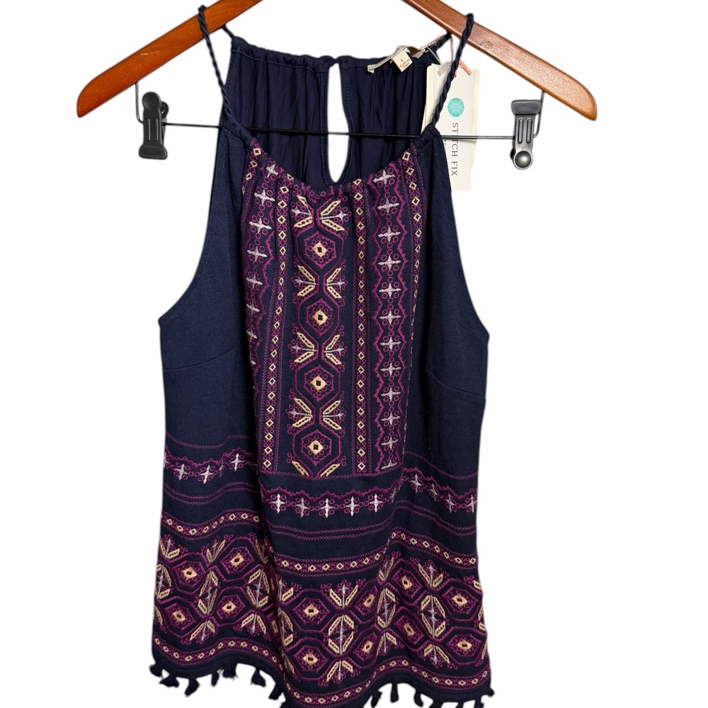 Skies Are Blue Navy Embroidered Halter Camisole with Purple Accents - Picture 2 of 8